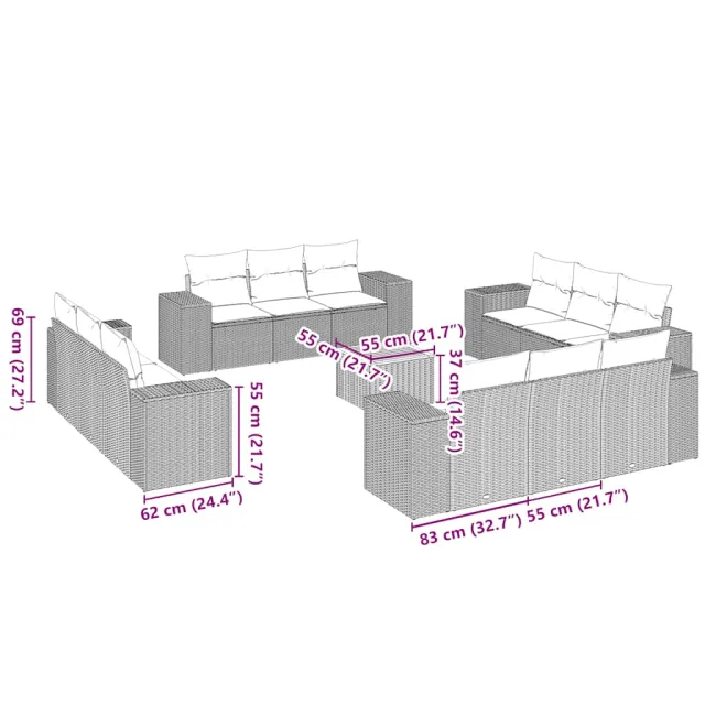 Salon de jardin avec coussins 13 pcs noir résine tressée