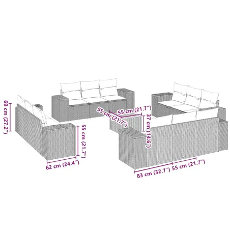Salon de jardin avec coussins 13 pcs noir résine tressée