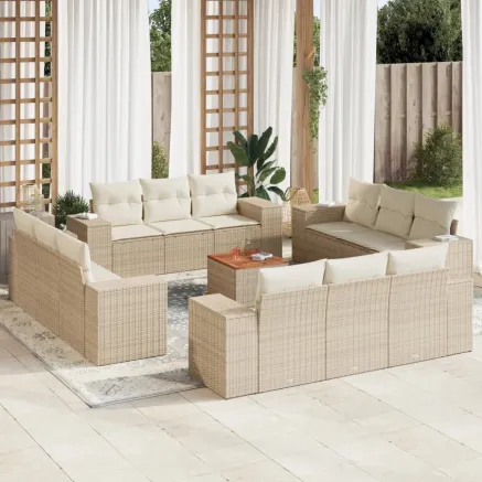 Salon de jardin avec coussins 13 pcs beige résine tressée