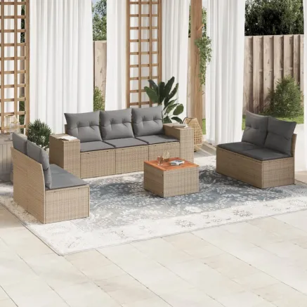 Salon de jardin avec coussins 8 pcs beige résine tressée