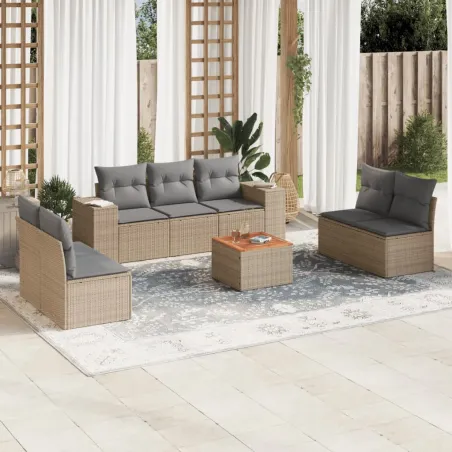 Salon de jardin avec coussins 8 pcs beige résine tressée