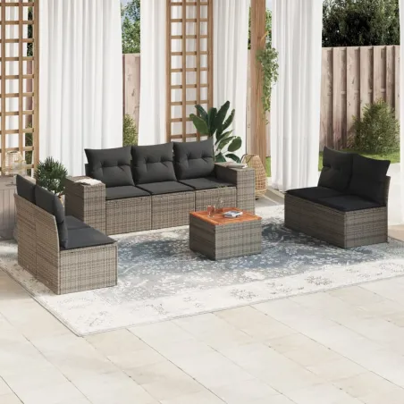 Salon de jardin 8 pcs avec coussins gris résine tressée