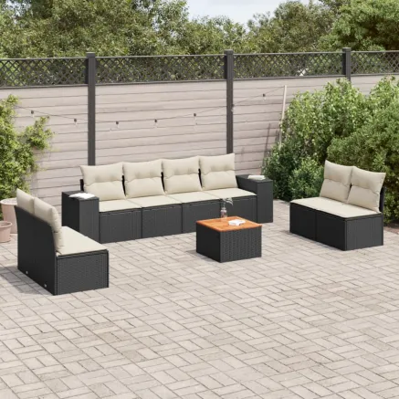 Salon de jardin 9 pcs avec coussins noir résine tressée