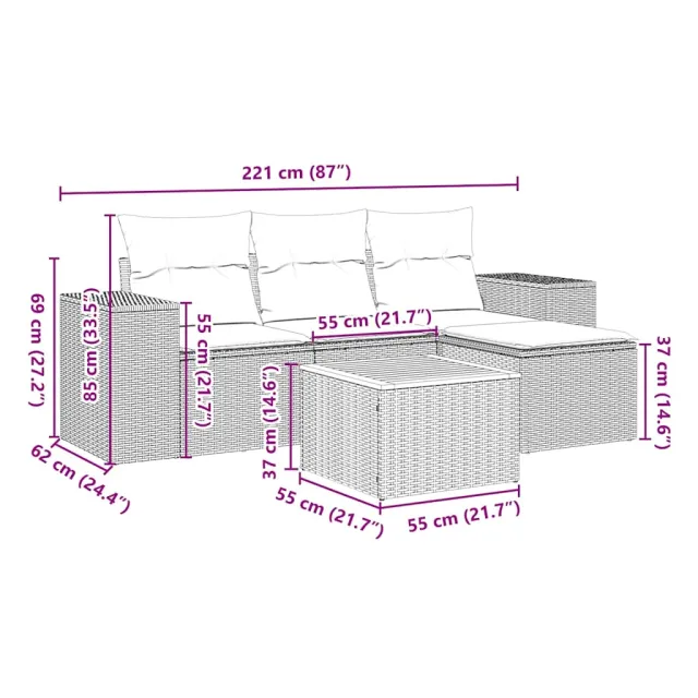 Salon de jardin 5 pcs avec coussins noir résine tressée