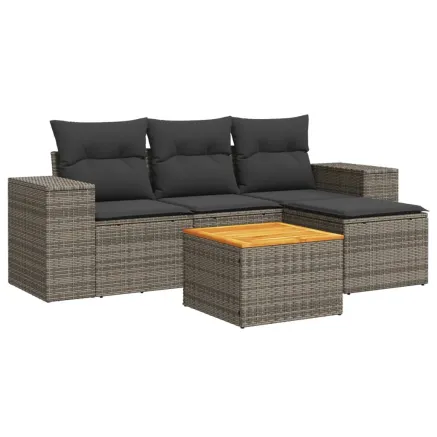 Salon de jardin 5 pcs avec coussins gris résine tressée 2