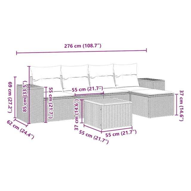 Salon de jardin 6 pcs avec coussins noir résine tressée