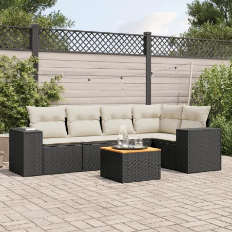 Salon de jardin 6 pcs avec coussins noir résine tressée
