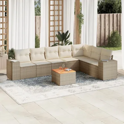 Salon de jardin avec coussins 8 pcs beige résine tressée