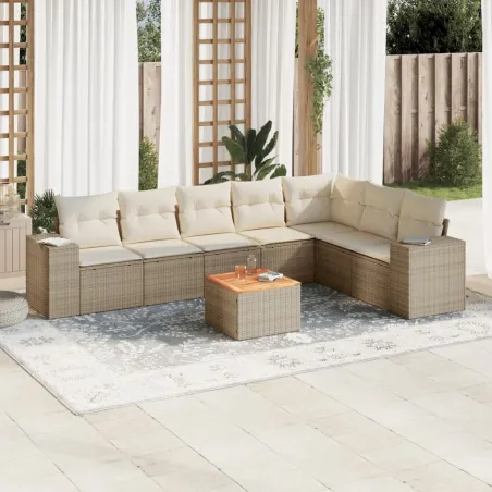 Salon de jardin avec coussins 8 pcs beige résine tressée