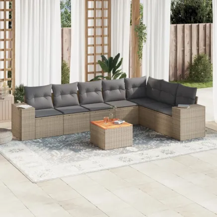 Salon de jardin avec coussins 8 pcs beige résine tressée