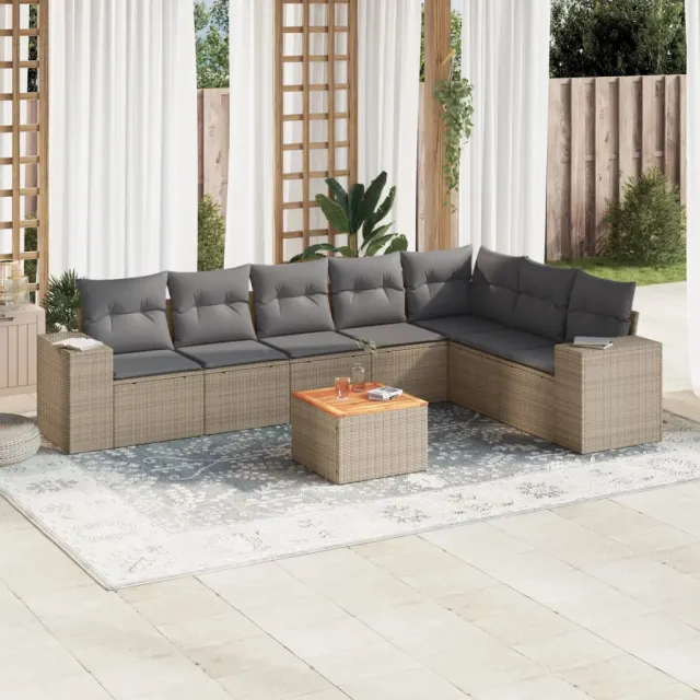 Salon de jardin avec coussins 8 pcs beige résine tressée
