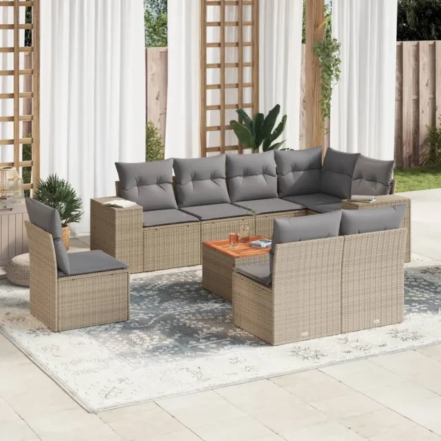 Salon de jardin avec coussins 9 pcs beige résine tressée