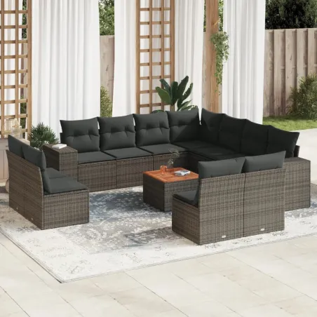 Salon de jardin avec coussins 12 pcs gris résine tressée