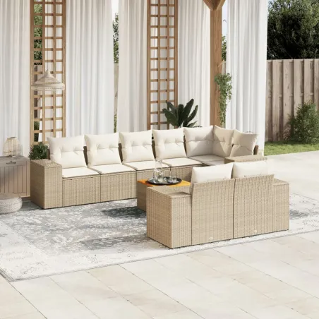 Salon de jardin avec coussins 9 pcs beige résine tressée
