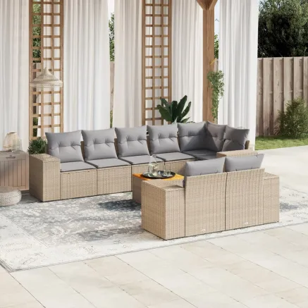 Salon de jardin avec coussins 9 pcs beige résine tressée