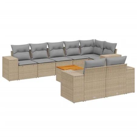 Salon de jardin avec coussins 9 pcs beige résine tressée