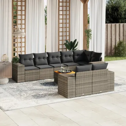 Salon de jardin 9 pcs avec coussins gris résine tressée