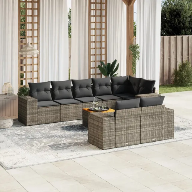 Salon de jardin 9 pcs avec coussins gris résine tressée
