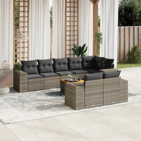 Salon de jardin 9 pcs avec coussins gris résine tressée
