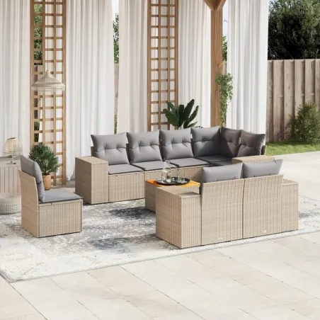 Salon de jardin avec coussins 9 pcs beige résine tressée