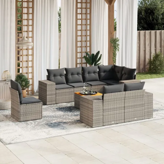 Salon de jardin 9 pcs avec coussins gris résine tressée