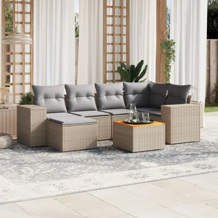Salon de jardin avec coussins 7 pcs beige résine tressée