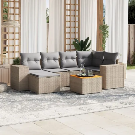 Salon de jardin avec coussins 7 pcs beige résine tressée