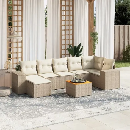 Salon de jardin avec coussins 8 pcs beige résine tressée
