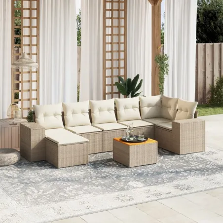 Salon de jardin avec coussins 8 pcs beige résine tressée