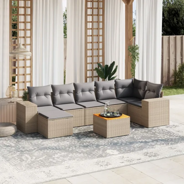 Salon de jardin avec coussins 8 pcs beige résine tressée