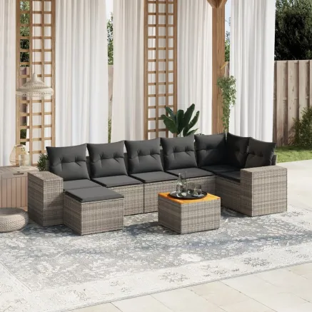 Salon de jardin 8 pcs avec coussins gris résine tressée