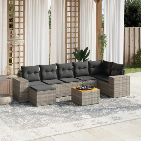 Salon de jardin 8 pcs avec coussins gris résine tressée