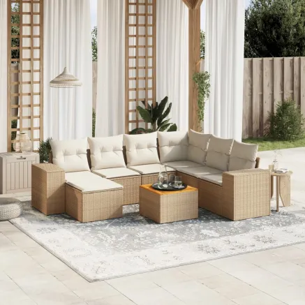 Salon de jardin avec coussins 8 pcs beige résine tressée