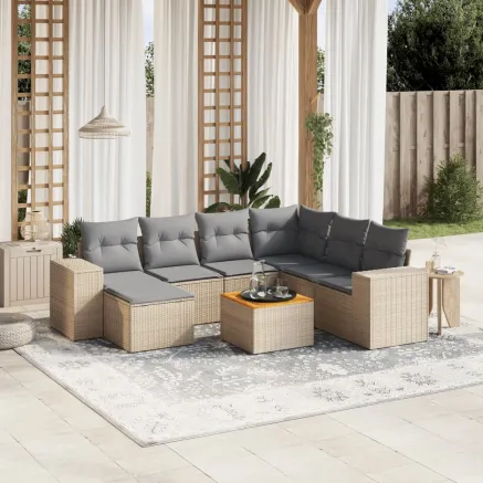 Salon de jardin avec coussins 8 pcs beige résine tressée