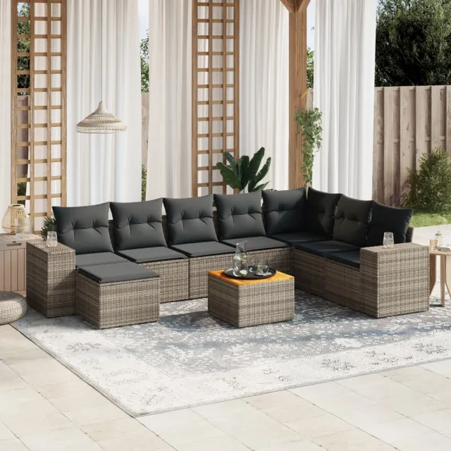 Salon de jardin 9 pcs avec coussins gris résine tressée