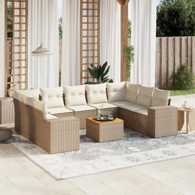 Salon de jardin avec coussins 10 pcs beige résine tressée