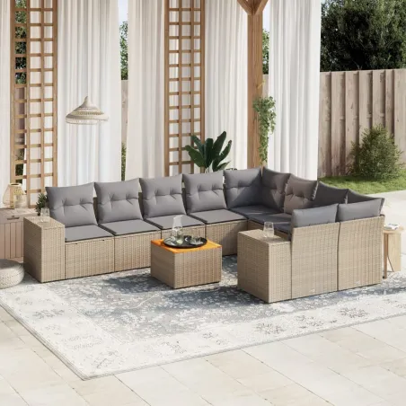 Salon de jardin avec coussins 10 pcs beige résine tressée