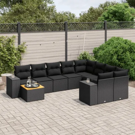Salon de jardin 10 pcs avec coussins noir résine tressée