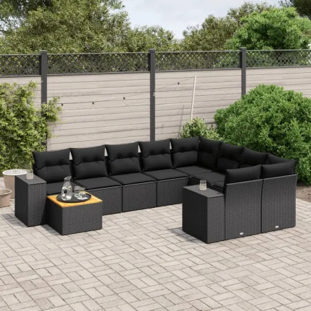 Salon de jardin 10 pcs avec coussins noir résine tressée
