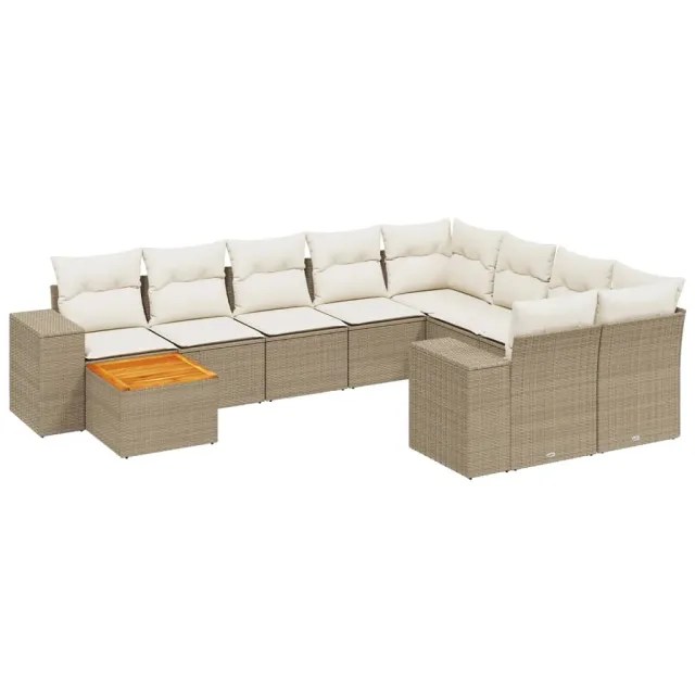 Salon de jardin avec coussins 10 pcs beige résine tressée