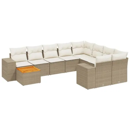 Salon de jardin avec coussins 10 pcs beige résine tressée