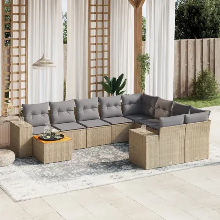 Salon de jardin avec coussins 10 pcs beige résine tressée