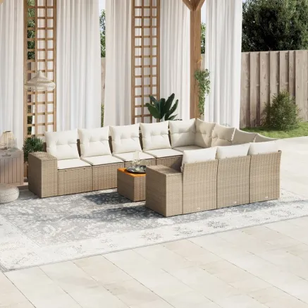 Salon de jardin 11 pcs avec coussins beige résine tressée