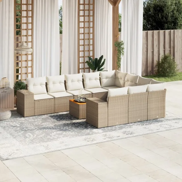 Salon de jardin 11 pcs avec coussins beige résine tressée