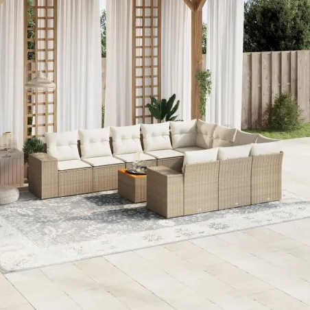 Salon de jardin 11 pcs avec coussins beige résine tressée