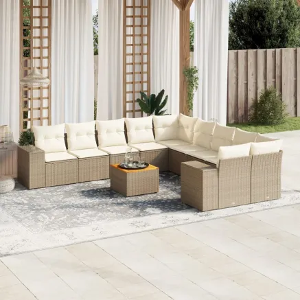 Salon de jardin 11 pcs avec coussins beige résine tressée