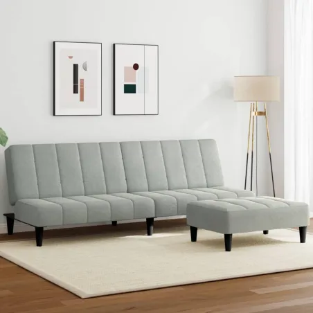 Canapé-lit à 2 places avec repose-pied gris clair velours