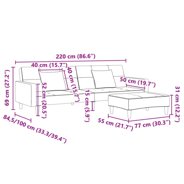 Canapé-lit à 2 places avec repose-pied gris clair tissu