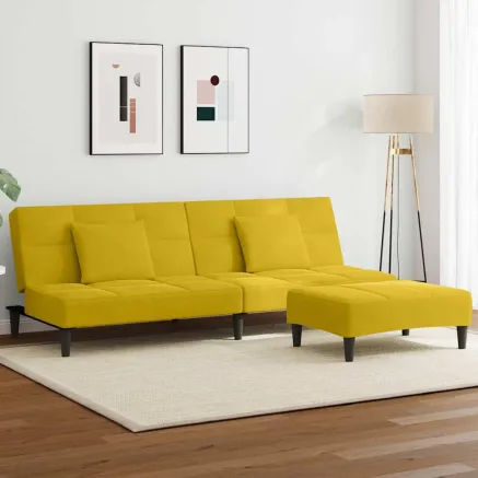 Canapé-lit à 2 places avec repose-pied jaune velours
