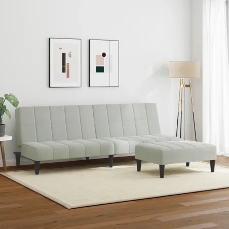 Canapé-lit à 2 places avec repose-pied gris clair velours